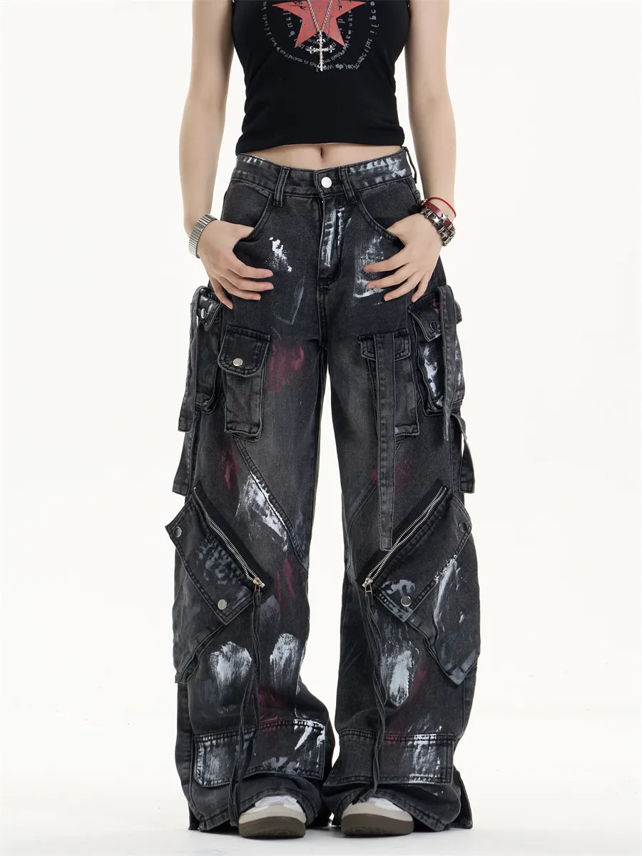 Multi-Pocket Workwear Jeans Women's Loose Wide-leg Pants - Black