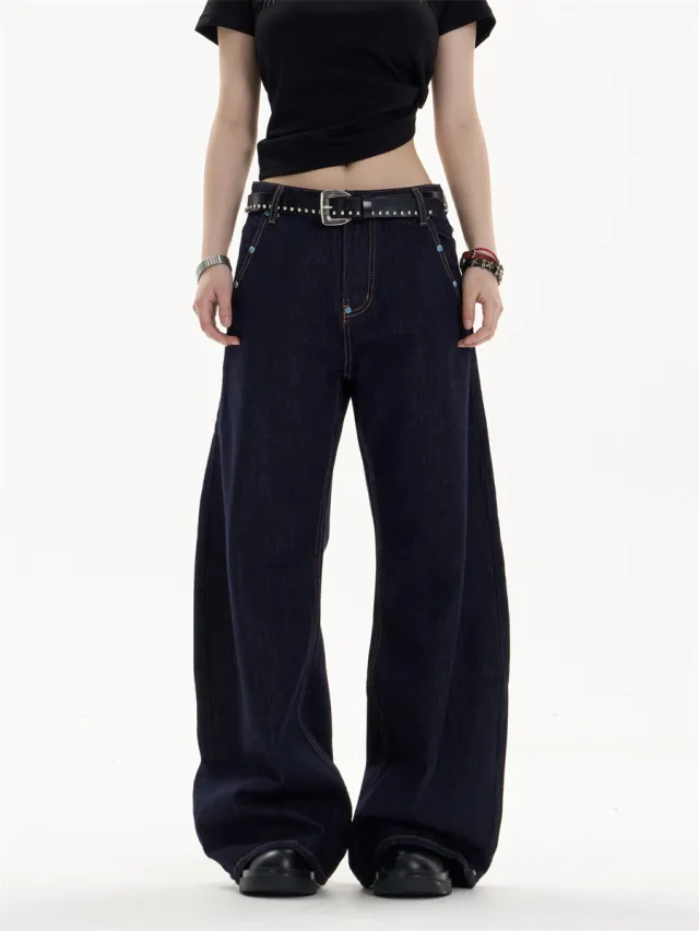 Retro Dark Blue Jeans Loose Straight Casual Wide leg Pants Dark Blue - Shop at LoveMi