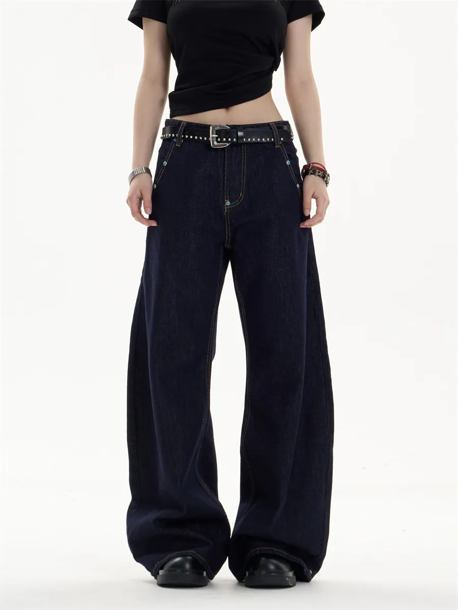 Retro Dark Blue Jeans Loose Straight Casual Wide-leg Pants - Dark Blue