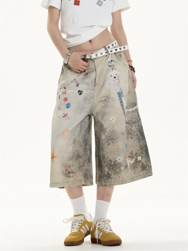 Creative Women's Straight Loose Printed Wide leg Cropped Jeans Apricot - Shop at LoveMi