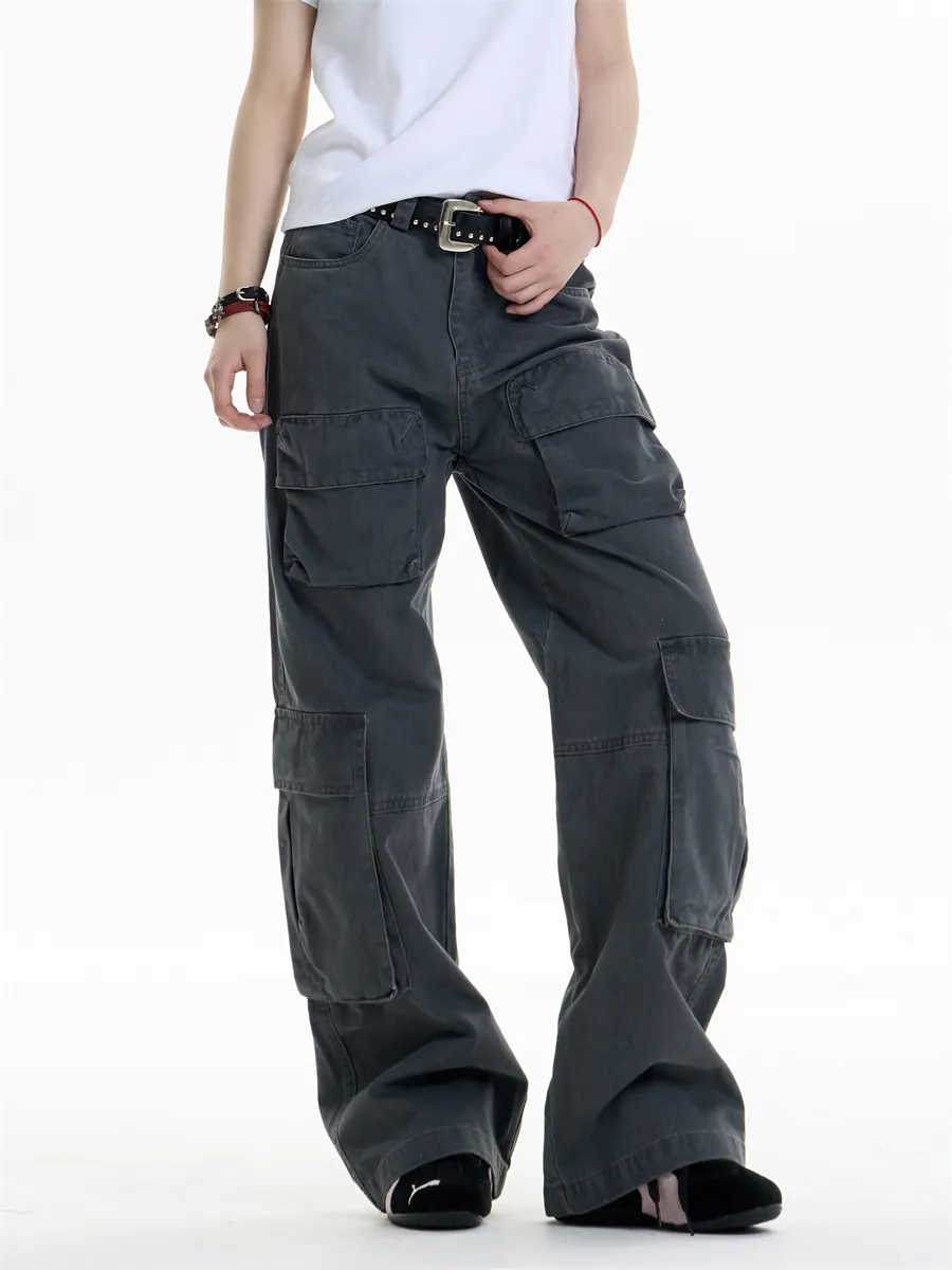 Multi-pocket Cargo Pants Women's Loose Wide Leg Straight Casual Pants - Gray