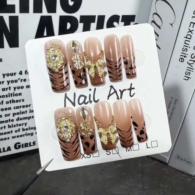 Ice Transparent Gradient Leopard Print Hand painted Wear Armor Pure Hand made Detachable Fake Nails Medium Rectangular - Shop at LoveMi