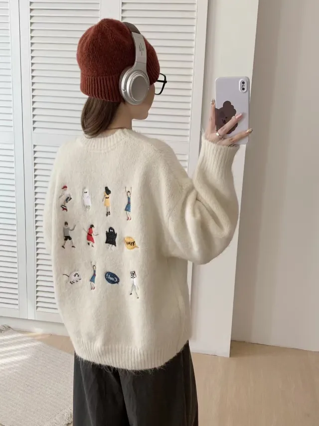 Gray Sweater Women's Loose Cartoon Embroidery Knitted Top Beige - Shop at LoveMi