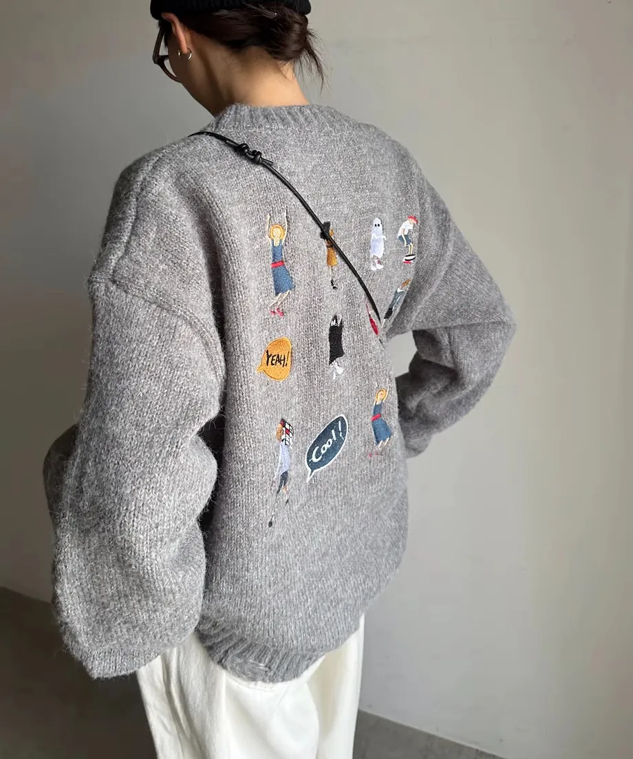 Grey Sweater Women's Loose Cartoon Embroidery Knitted Top - Grey