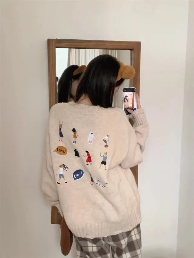 Cartoon Embroidery Gray Crew Neck Pullover Sweater Beige - Shop at LoveMi