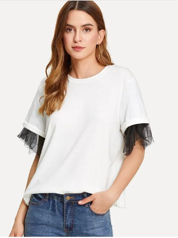 Mesh Sleeves Loose T shirt White - Shop at LoveMi