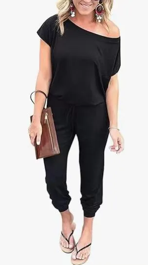 Fashion Slant Shoulder Short Sleeve Pocket Women's Jumpsuit - Black