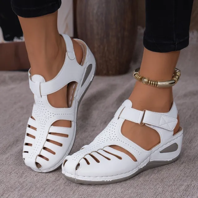 Baotou Hollow One line Wedge Sandals White - Shop at LoveMi