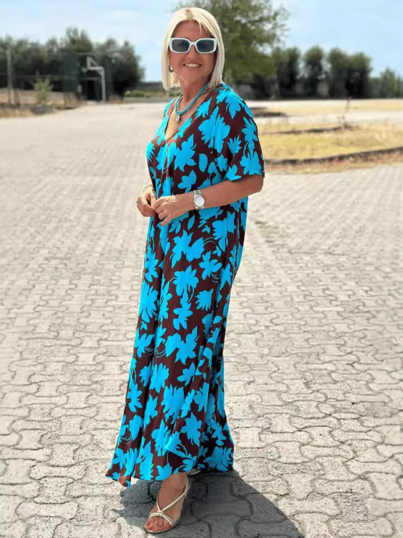 Women's V-neck Short Sleeve Casual Loose Dress - Peacock Blue