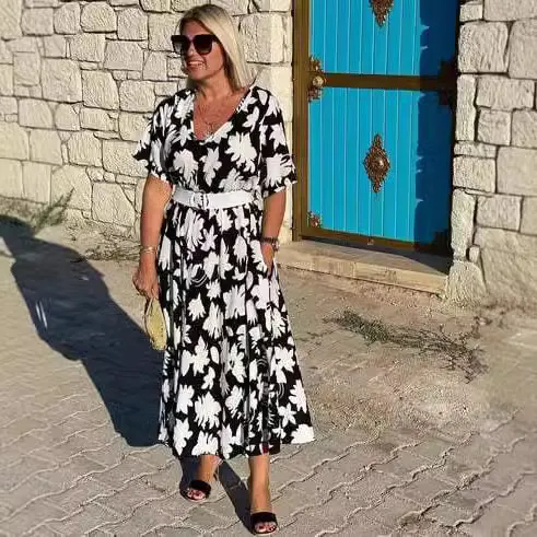 Women's V neck Short Sleeve Casual Loose Dress Black - Shop at LoveMi