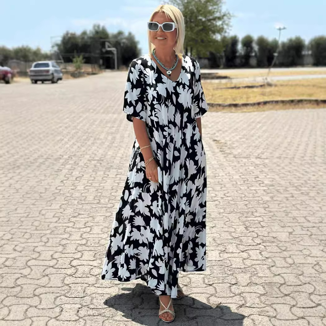 Women's V-neck Short Sleeve Casual Loose Dress