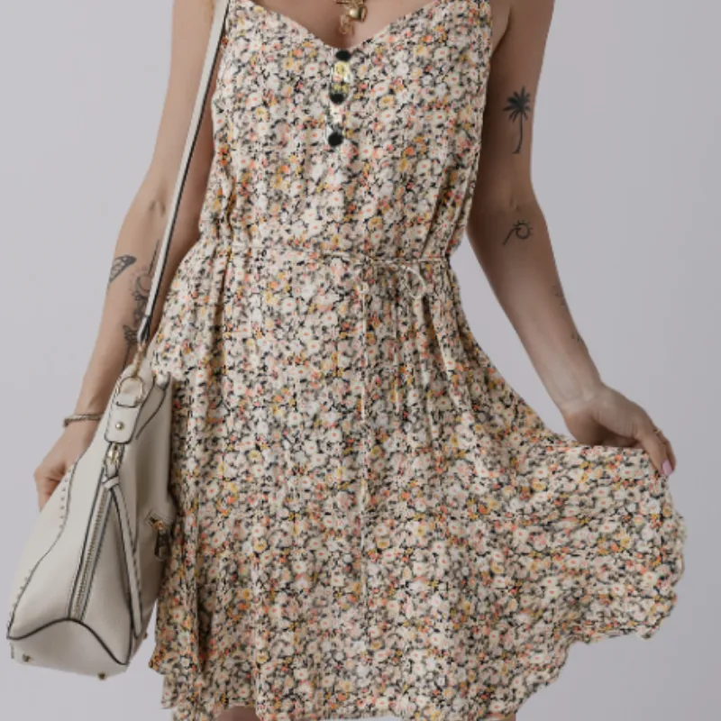 Khaki Boho Floral Printed Tie Waist Flared Sundress - Apricot