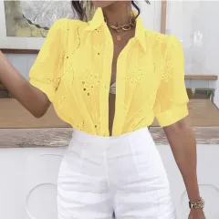 Women's Single-breasted Solid Colour Embroidered Long-sleeved Lapel Shirt - Yellow - View 1