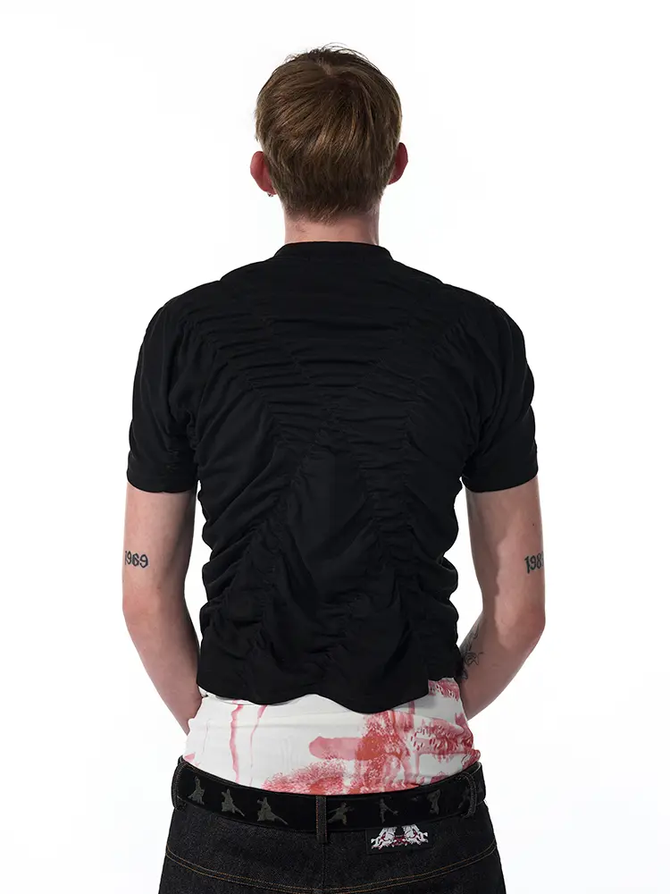 Pleating Men's Summer Printed Slim Fit Black Short Sleeve