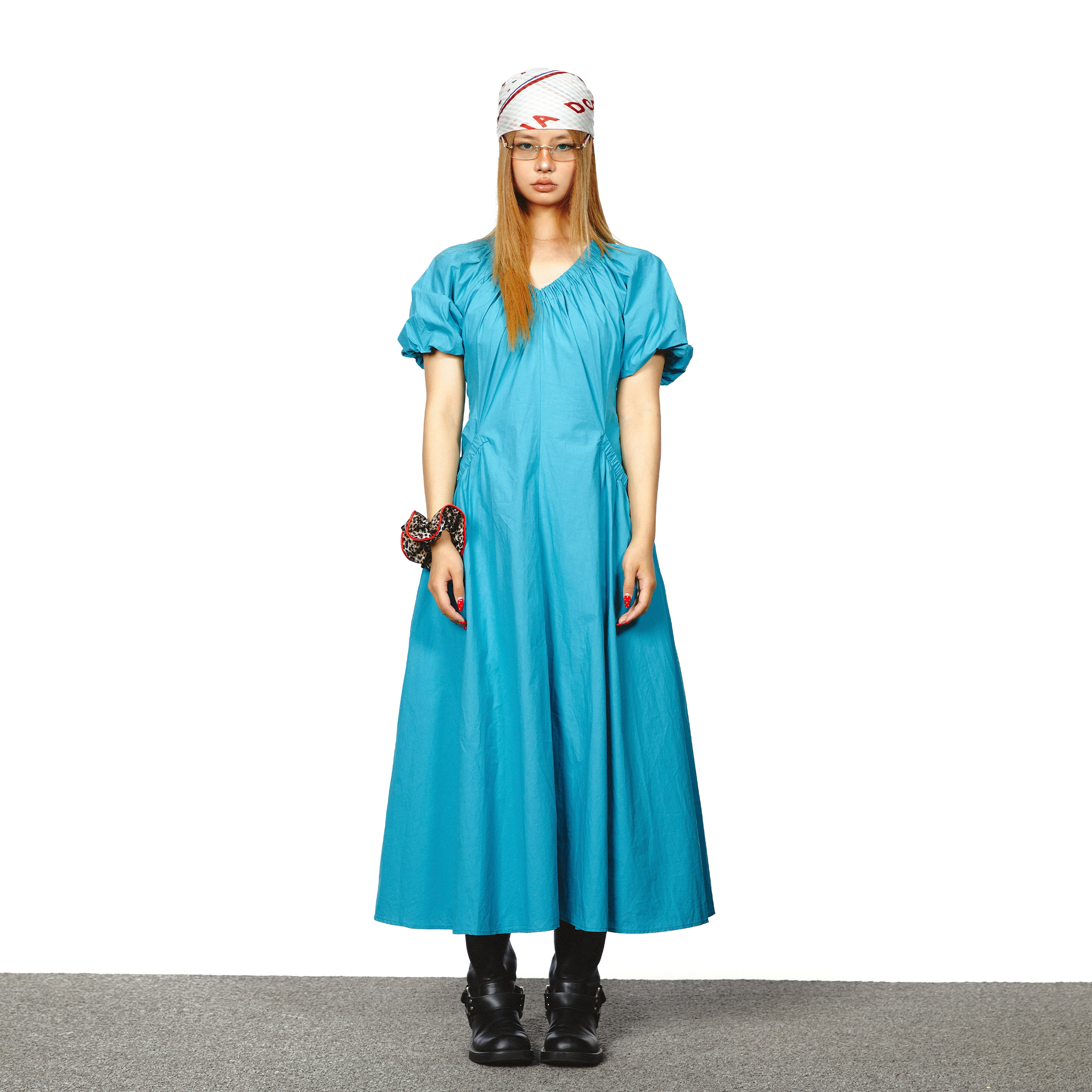 V-neck Tight Waist Puff Short Sleeve Pocket Midi Dress