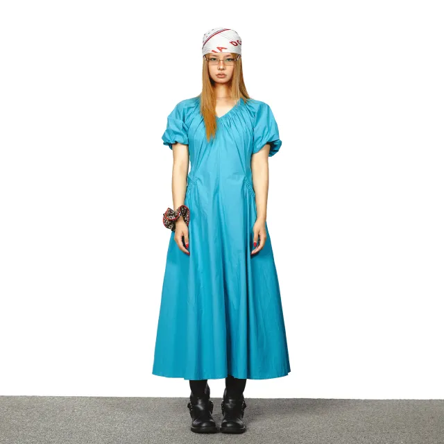 V neck Tight Waist Puff Short Sleeve Pocket Midi Dress Lake Blue - Shop at LoveMi