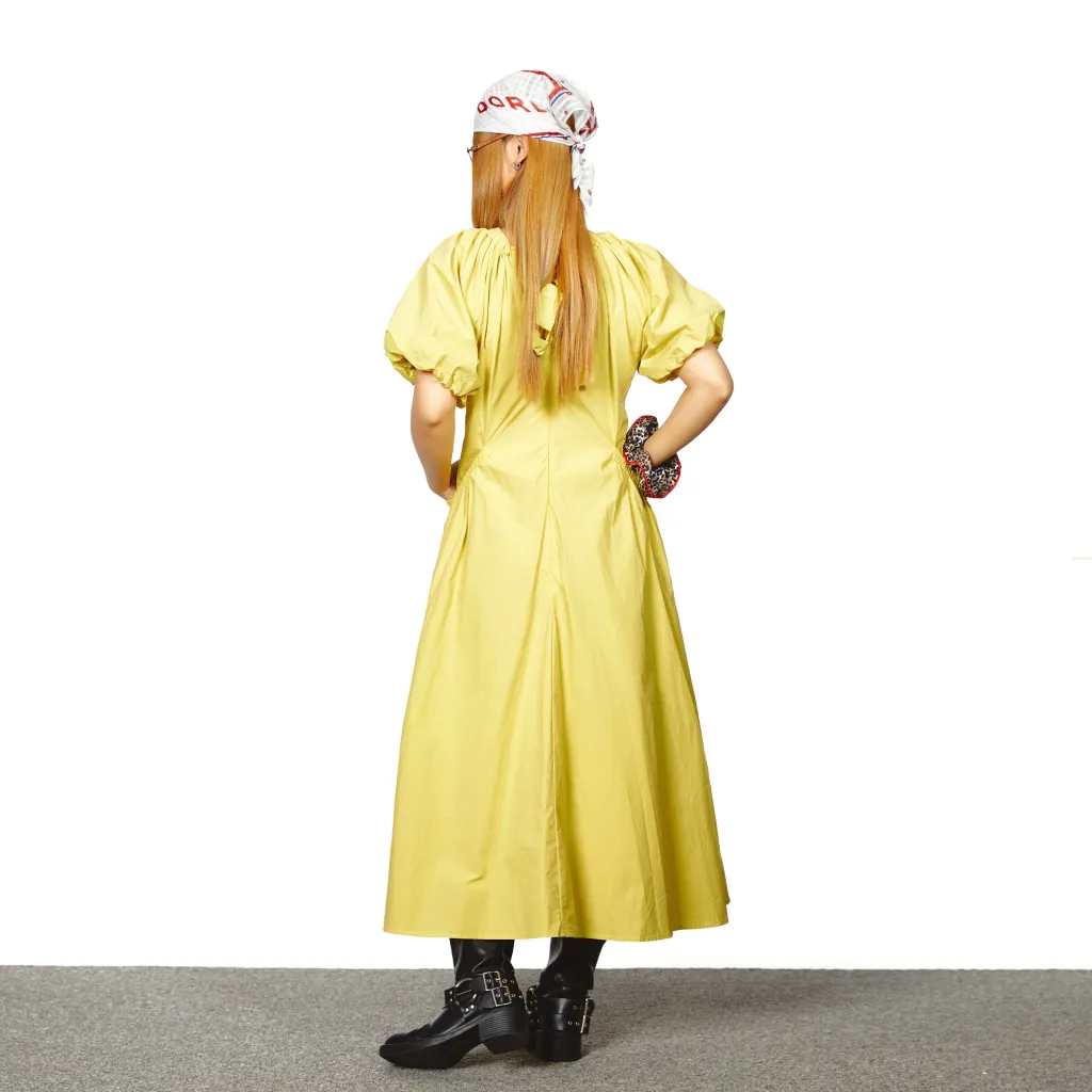 V-neck Tight Waist Puff Short Sleeve Pocket Midi Dress - Yellow