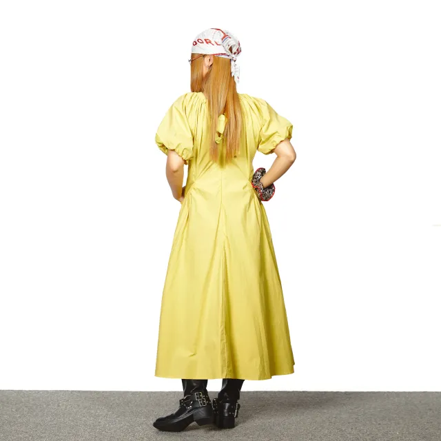 V neck Tight Waist Puff Short Sleeve Pocket Midi Dress Yellow - Shop at LoveMi