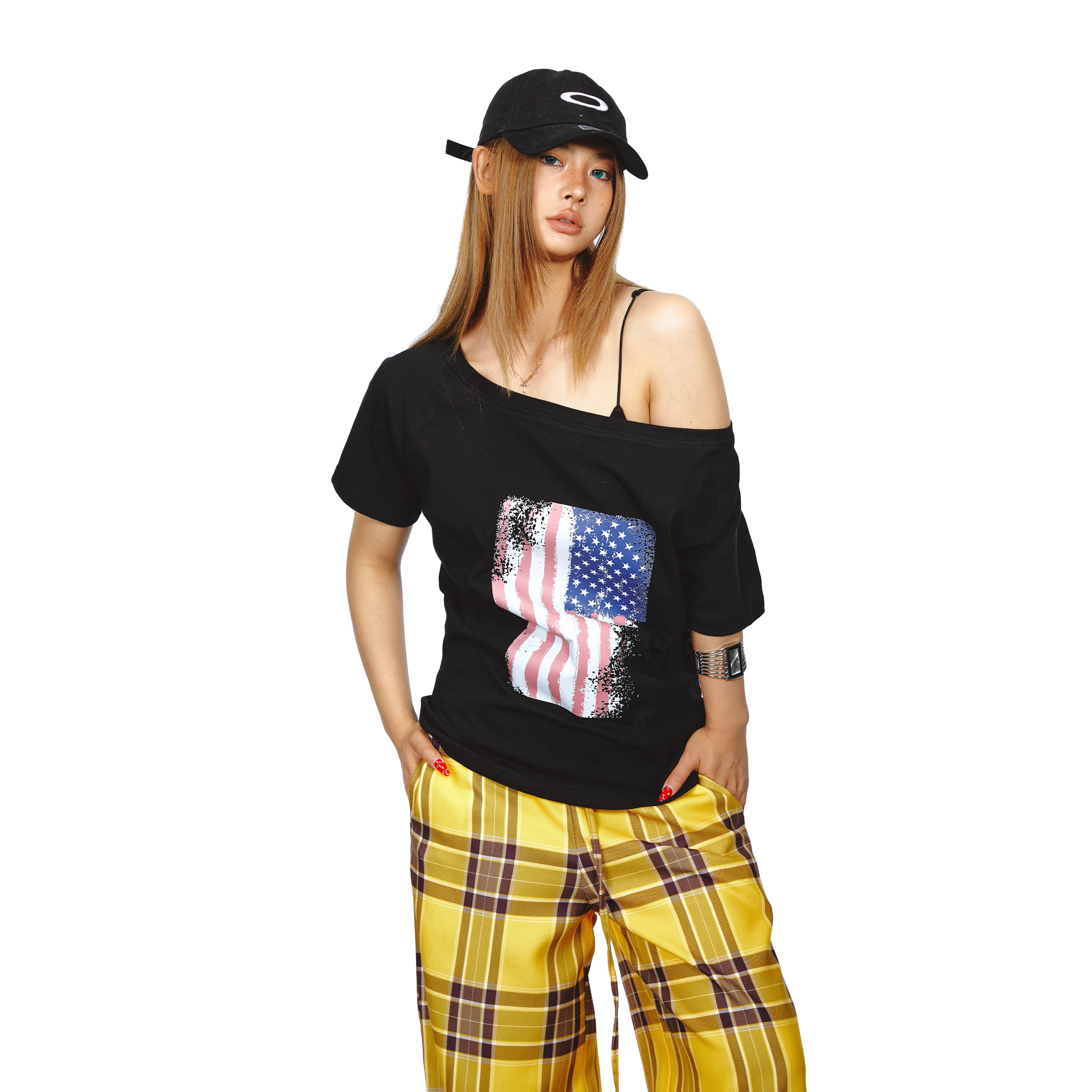 Women's Flag Printed Shoulder Short-sleeved T-shirt