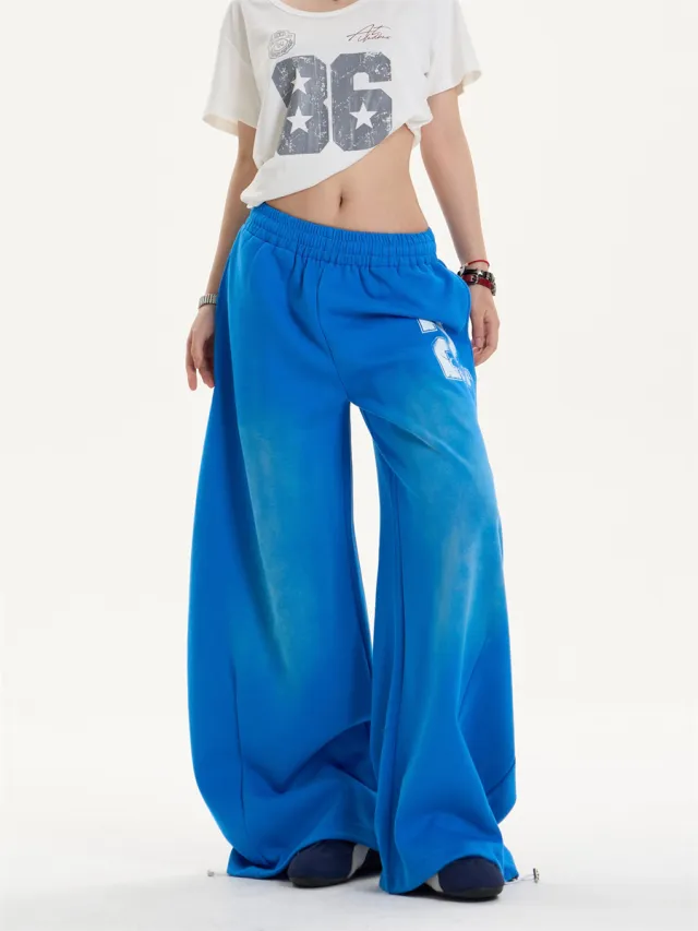Distressed Letters Printed Drawstring Loose Straight Sweatpants Blue - Shop at LoveMi