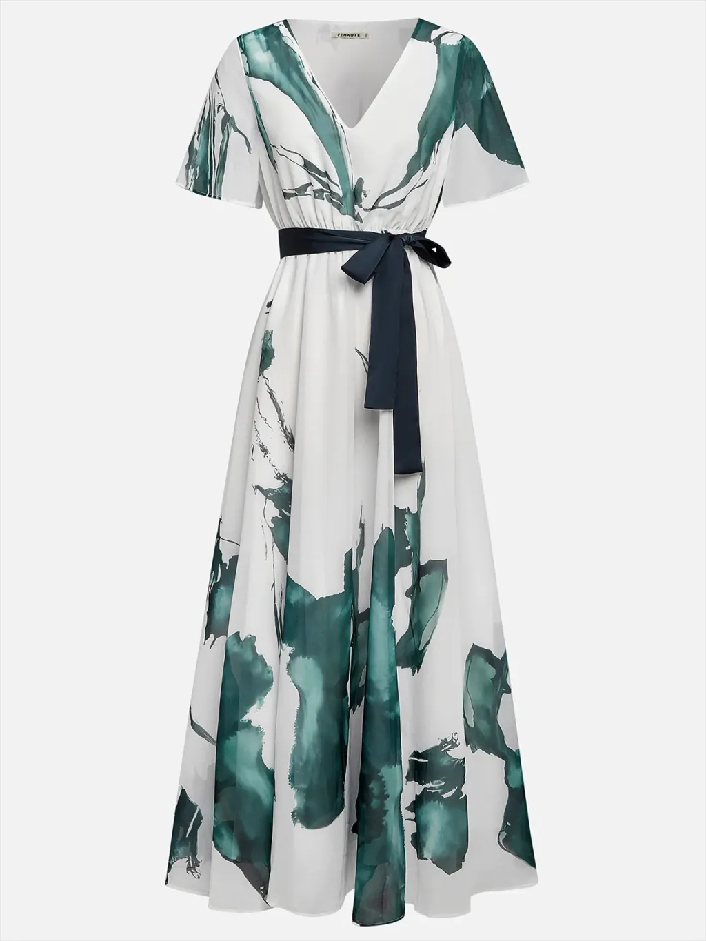 V-neck Digital Printing String Short Sleeve Dress - Green On White Background