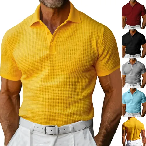 Waffle Short Sleeve Polo Shirt Men's Fashion Summer Lapel