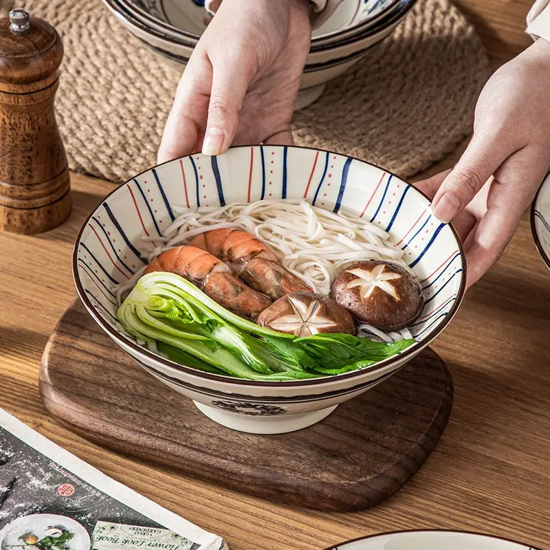 Retro Japanese Style Underglaze Porcelain 7-inch Bamboo Hat-shaped Ramen Bowl