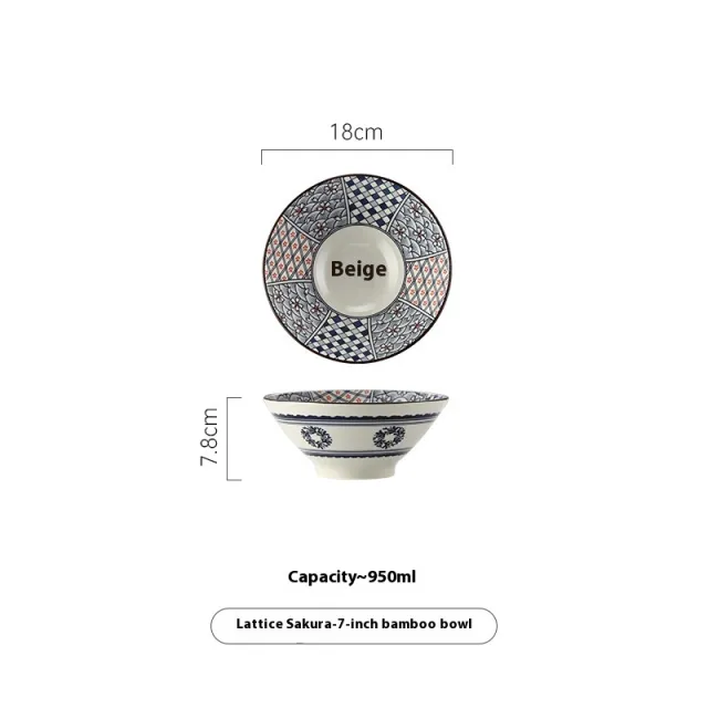 Retro Japanese Style Underglaze Porcelain 7 inch Bamboo Hat shaped Ramen Bowl Plaid Cherry Blossom - Shop at LoveMi