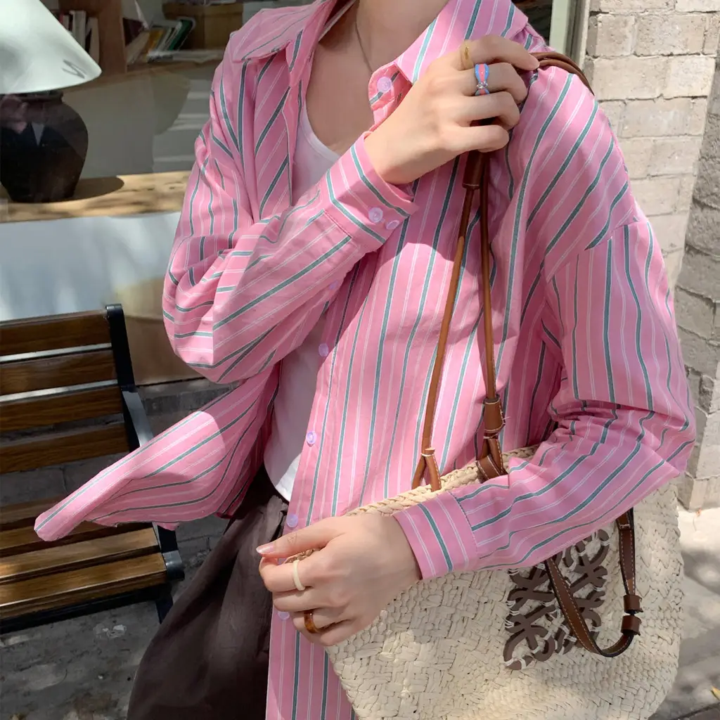 Striped Sun Protection Shirt Women's Long Sleeve Loose Top - Peach Pink