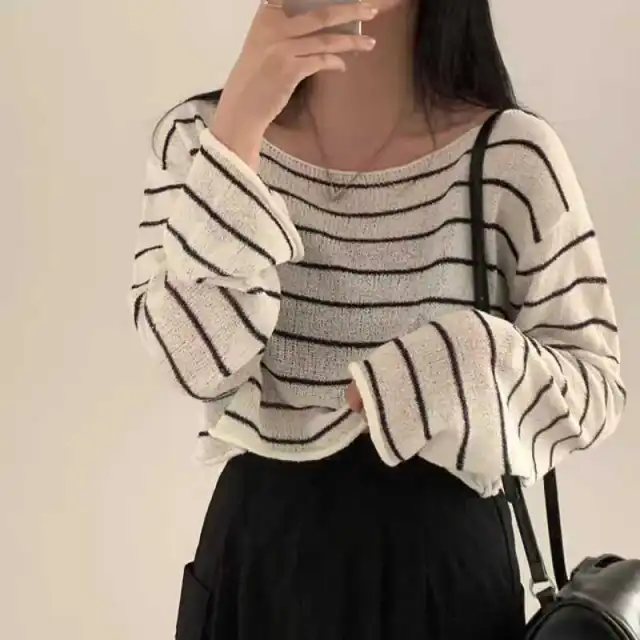 Off neck Striped Ice Silk Sweater Loose Thin Type Sunscreen Blouse Beige - Shop at LoveMi