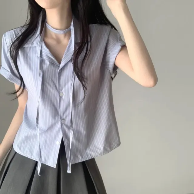Short sleeved Shirt Loose Women's Short Striped Shirt Light Blue - Shop at LoveMi