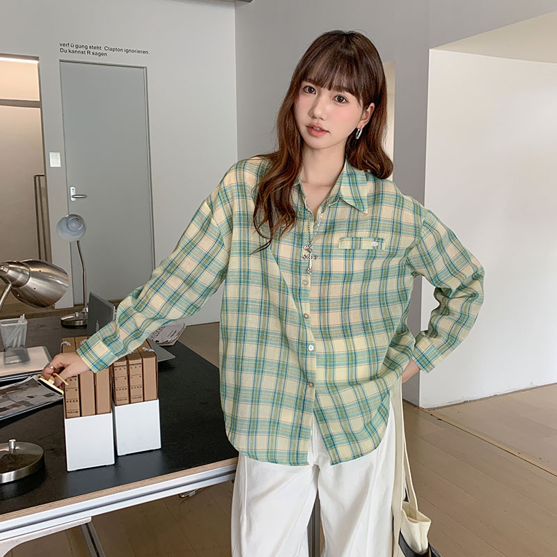 Green Plaid Sunscreen Shirt Coat Female Loose Long Sleeve Top
