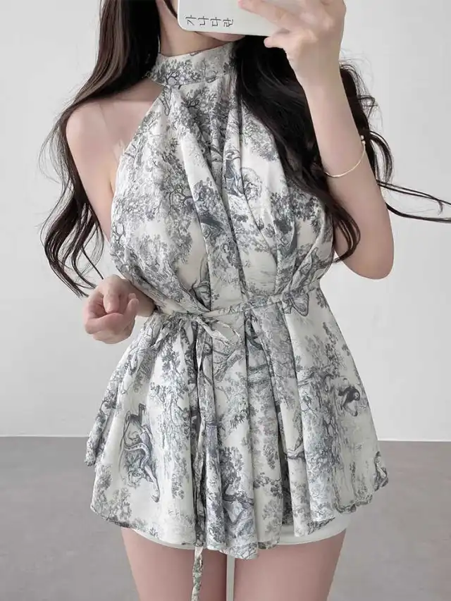 Vintage Stand Collar Ink Printing Lace up Waist Halter Chiffon Shirt Flower In Ink - Shop at LoveMi