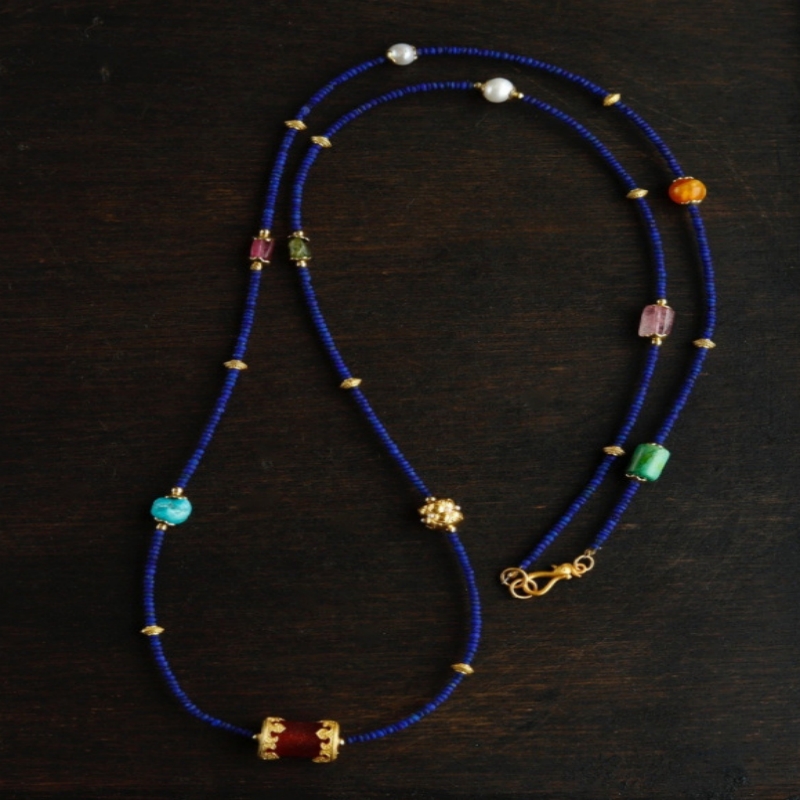 Natural Lapis Small Bead Multi-Circle Bracelet Necklace Dual-use