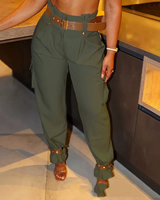 Women's Contrast Color Belt Trousers Army Green - Shop at LoveMi