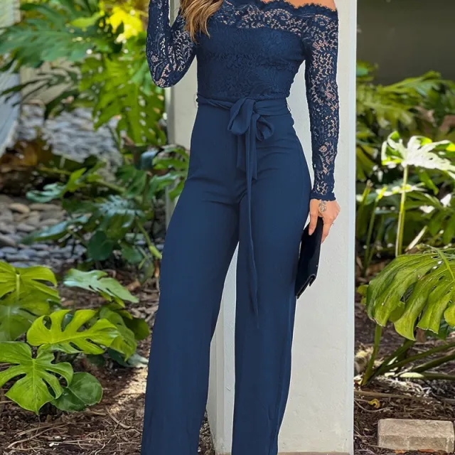 Black Eyelash Lace Off shoulder Long Sleeve Tight Jumpsuit Blue - Shop at LoveMi