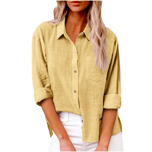 Pocket Split Cotton And Linen Long sleeved Shirt Turmeric 4Xl - Shop at LoveMi