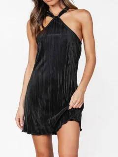 Casual Bottoming Halter Solid Color Toothpick Pleated Sexy Dress - Black - View 1