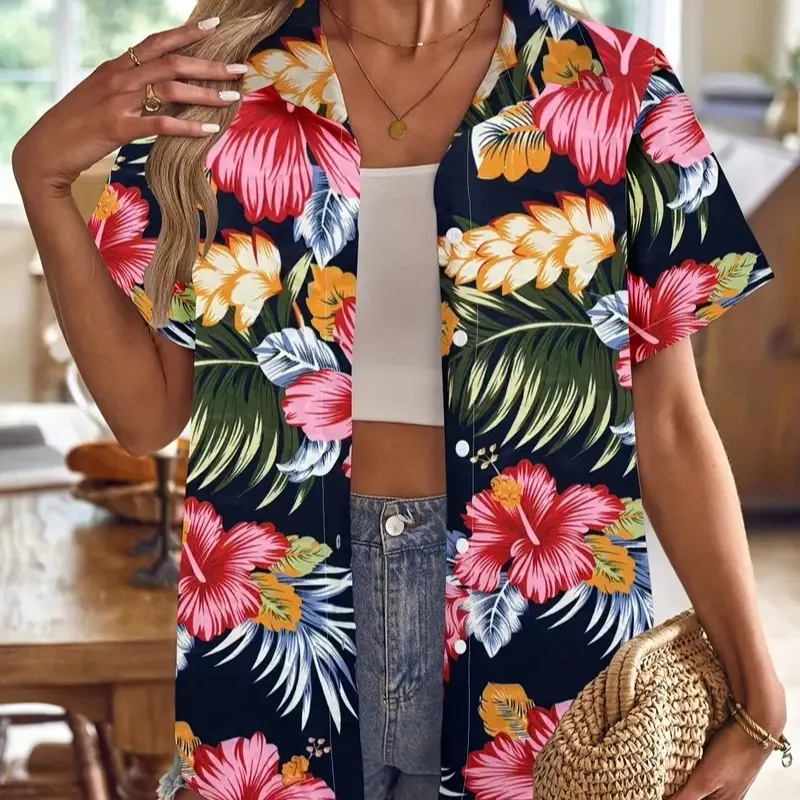 Casual Wild Plant Pattern Women's Short-sleeved Shirt - Y001-Xl
