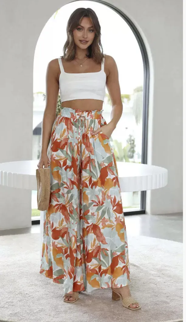 Women's Loose Wide-leg Pants With Pockets - Colourful Printing