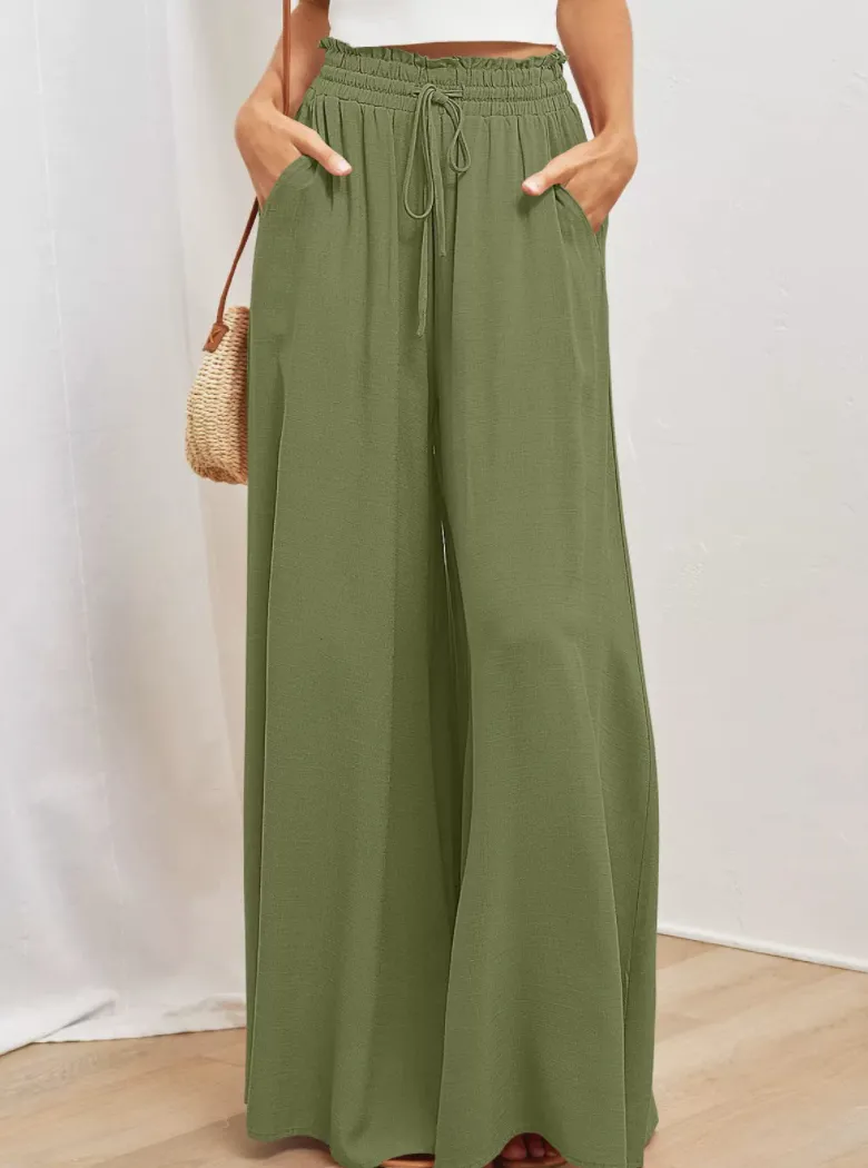 Women's Loose Wide-leg Pants With Pockets - Army Green