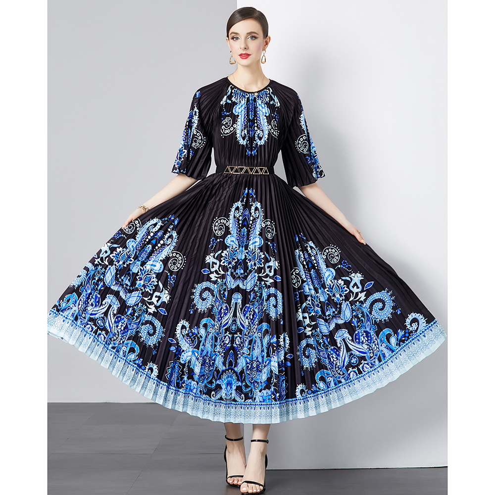 Women's Fashion Vintage Printed Round Neck Long Sleeve Dress - Image 8