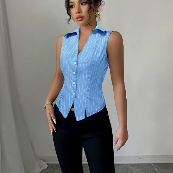 Summer European And American Temperament Striped Sleeveless Shirt Blue - Shop at LoveMi