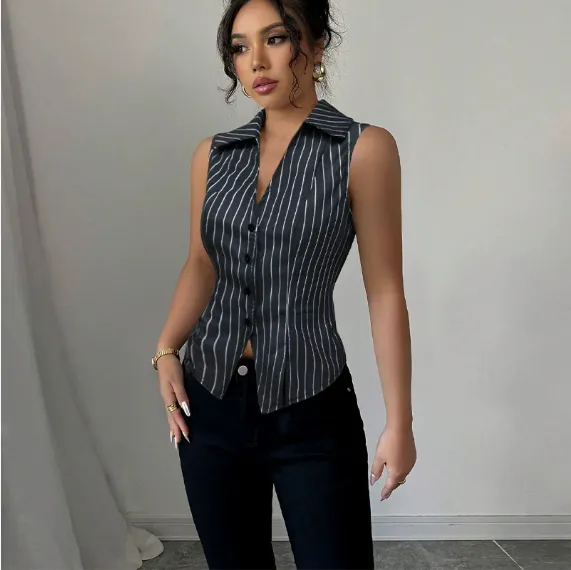 Summer European And American Temperament Striped Sleeveless Shirt Black - Shop at LoveMi