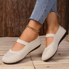 Women's Flat Bottom Pumps Plus Size Shallow Mouth Low-top Slip-on Flyknit - Beige - View 1