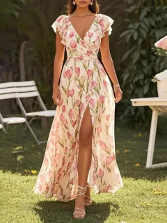 Short Sleeve V-neck Split Digital Printing Dress - Pink - View 1