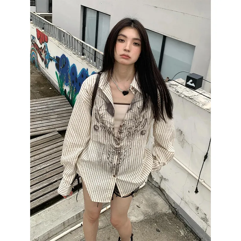 Striped Shirt For Women Printed Loose Top - Apricot - View 1