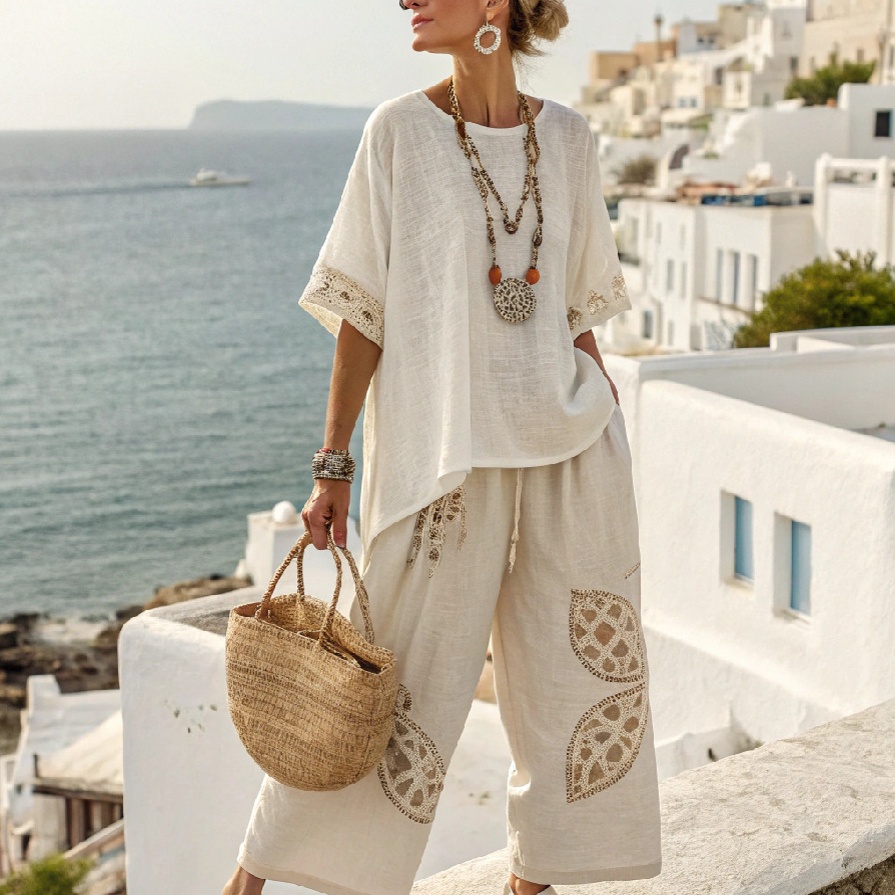 Mixed Color Stripe Casual Loose Wide Leg Cropped Pants Suit