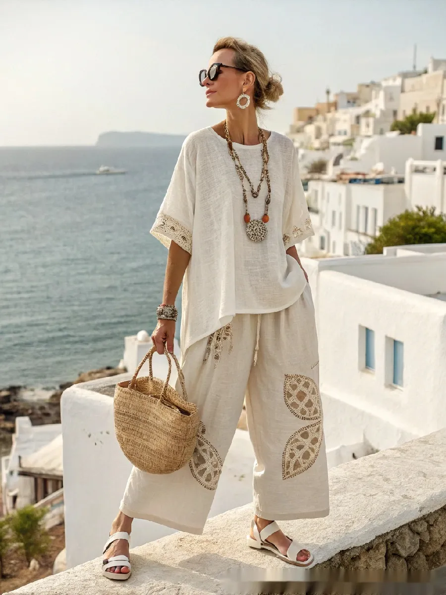 Mixed Color Stripe Casual Loose Wide Leg Cropped Pants Suit - 2 Models-M