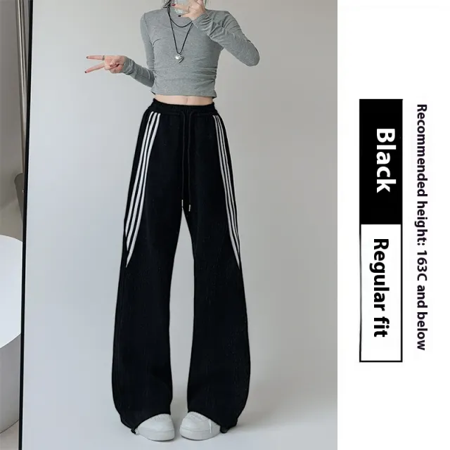 High Waist Slimming And Straight Sweatpants Casual Laid back Style Wide Leg Pants Black - Shop at LoveMi